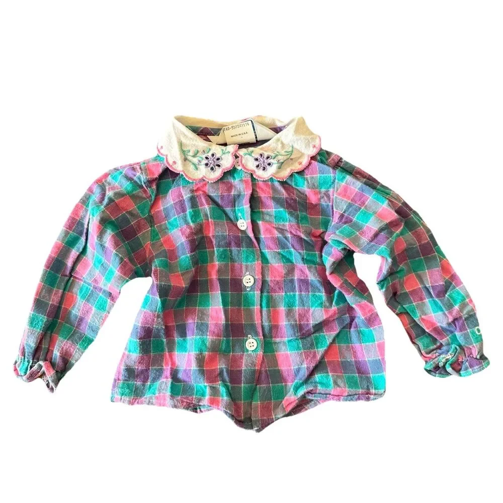 Vintage OshKosh B'Gosh Size 18 Months Plaid Shirt Flower Collar USA Made Pink